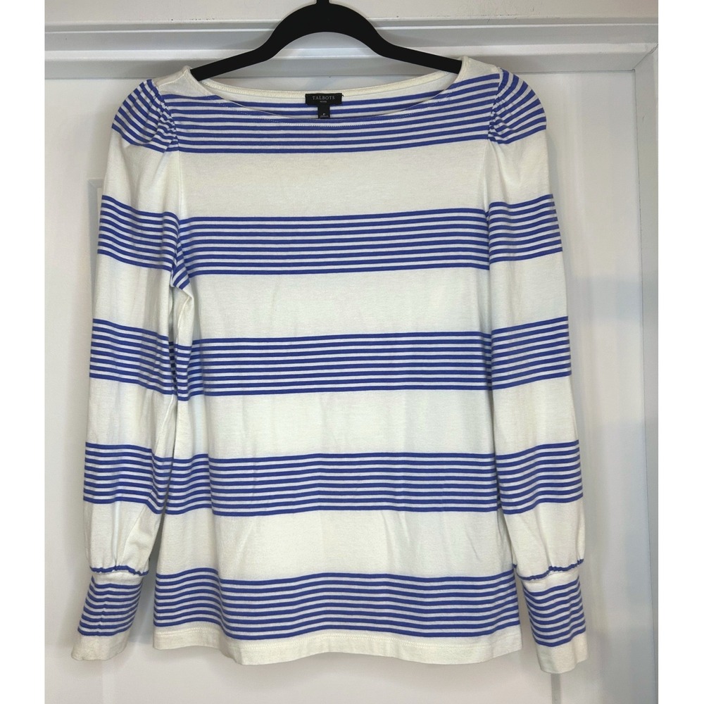 Talbots‎ Petite Womens Blue White Striped Boatneck Puff Shoulder Top P VN5297